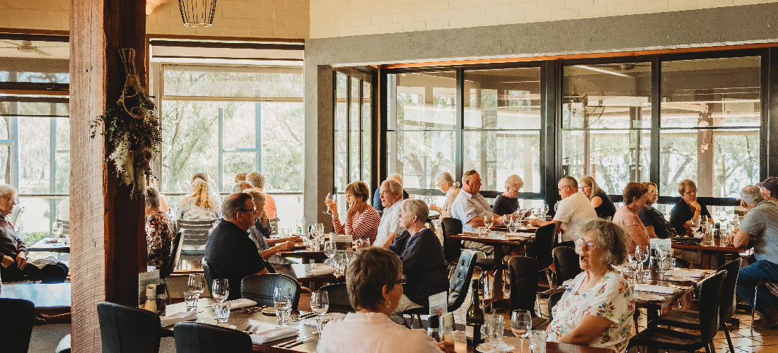 Indoor dining scene with diners